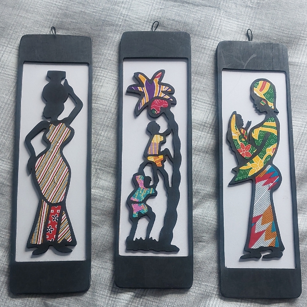 Set Of Three Colorful African Silhouette Wall Art Panels
